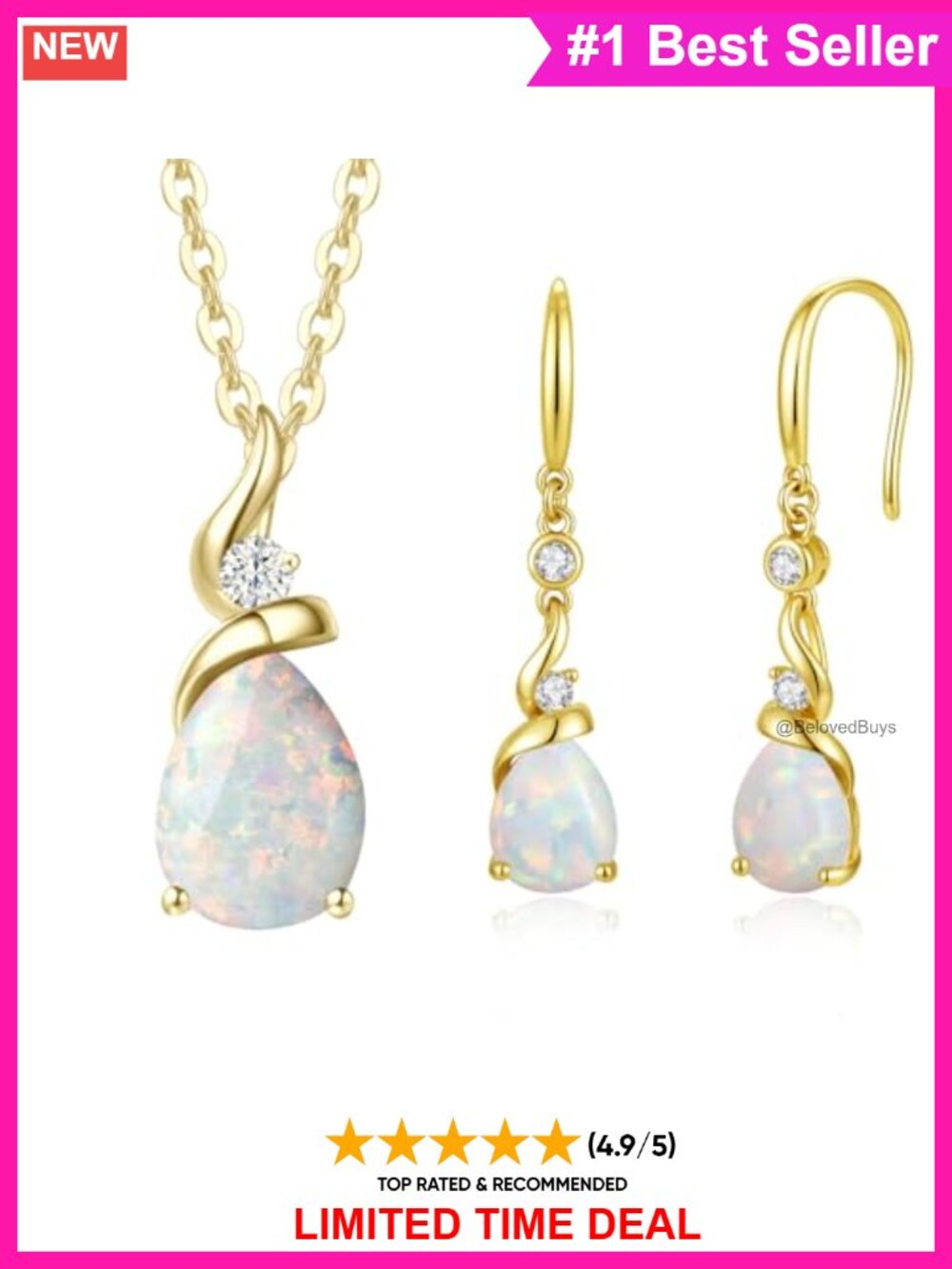 14K Solid Yellow Gold Opal Necklace & 925 Sterling Silver Earrings Jewelry Set